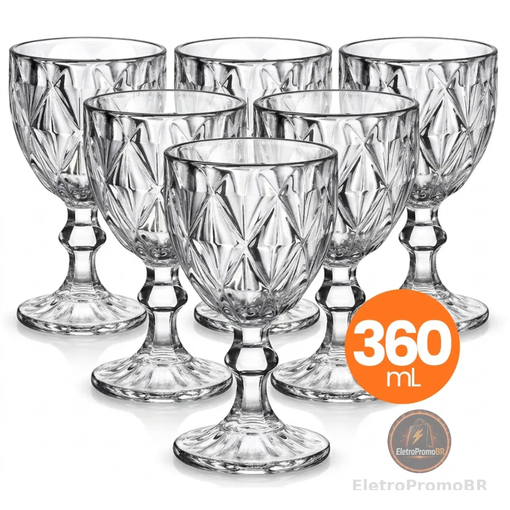 Jogo 6 Taças Vidro Diamond 360ml Conjunto Mesa Posta Água Suco Cozinha Decoração Presente