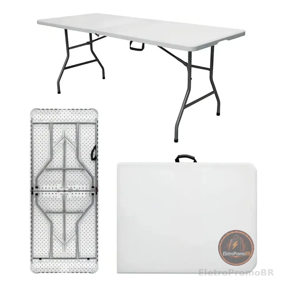 Mesa Dobrável Vira Maleta Com Alça Portátil 1.80m Para Camping Pesca Jardim Área Externa Ou Interna Salão De Festas Gourmet Cor Brancoluvinco