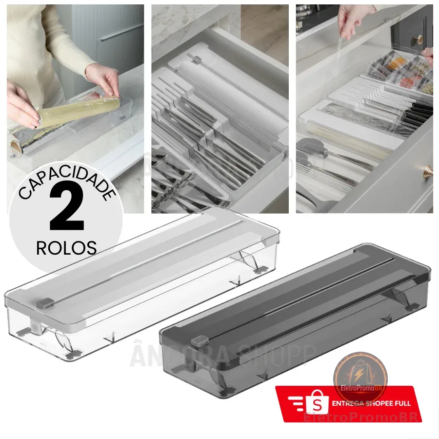 Organizador de Rolos Duplo e Cortador de Plástico Filme Papel Alumínio Manteiga Ou 37cm x 12cm