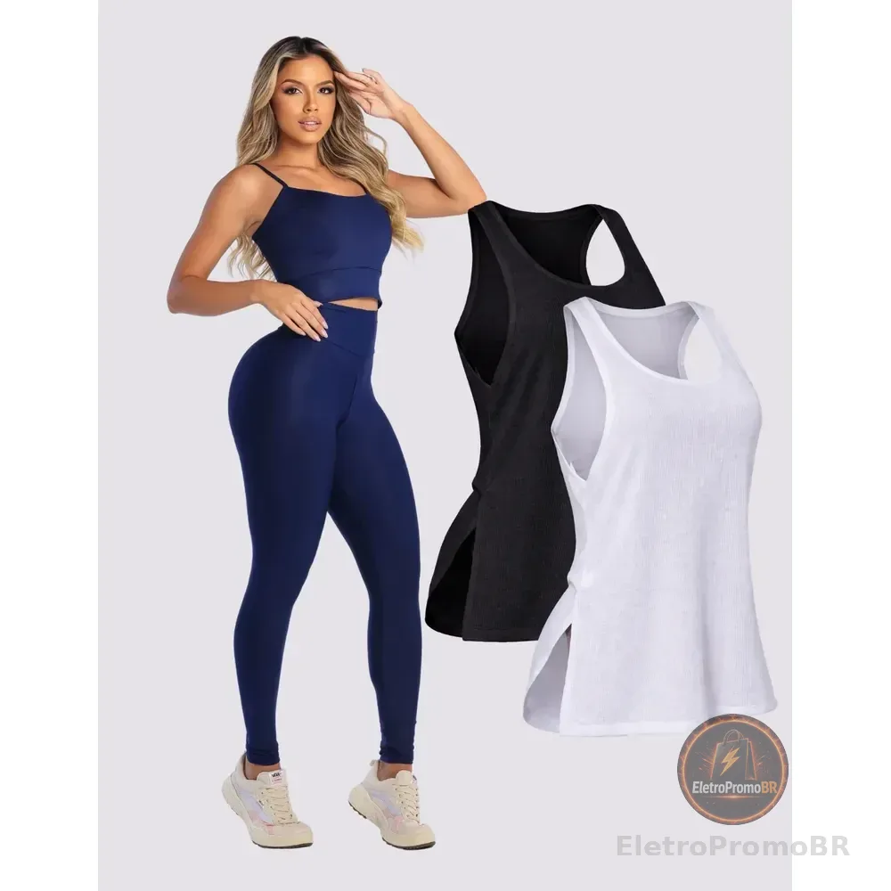 Kit Conjunto Fitnes Feminino Legging + Top + Regata Academia Azul-marinho P