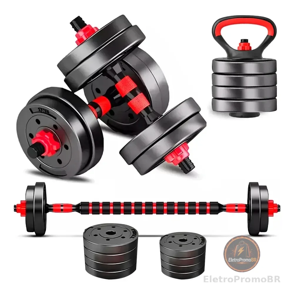 Kit Halteres E Anilhas Ajustáveis 15kg Para Kettlebell, Barras E Flexões Preto E Vermelho