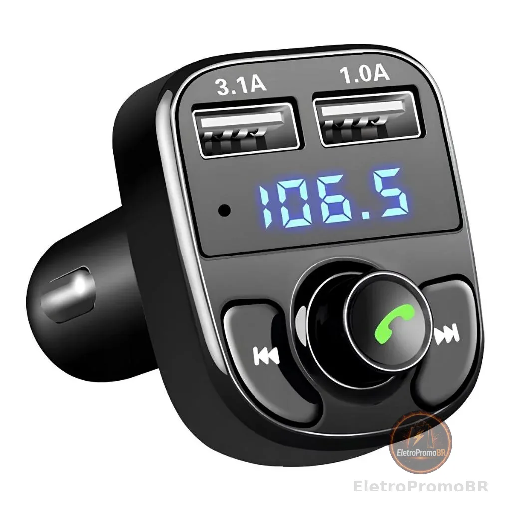 Adaptador Bluetooth Carro Transmissor FM Carregador Veicular Com Entrada Para Pen Drive Compatível com Android e IOS x8