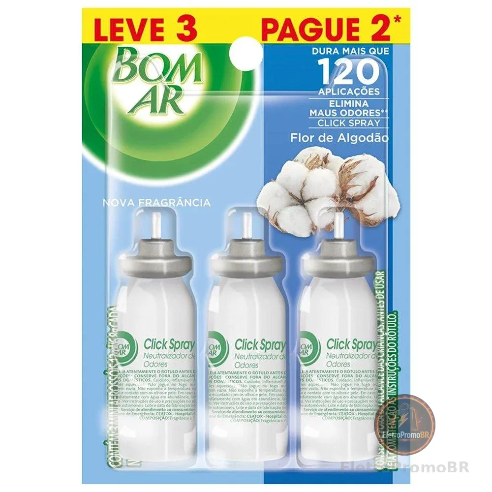Bom Ar Aromatizador Click Spray Refil Leve 3 Pague 2 Flor de Algodão