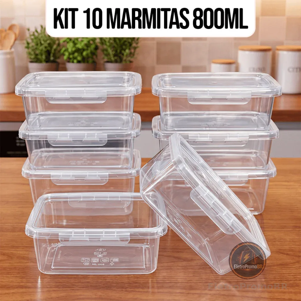 Kit 10 Marmitas Potes 800ml Travas Laterais hermeticas - Livres de BPA Alimentos organiza congelador - KAZIVA
