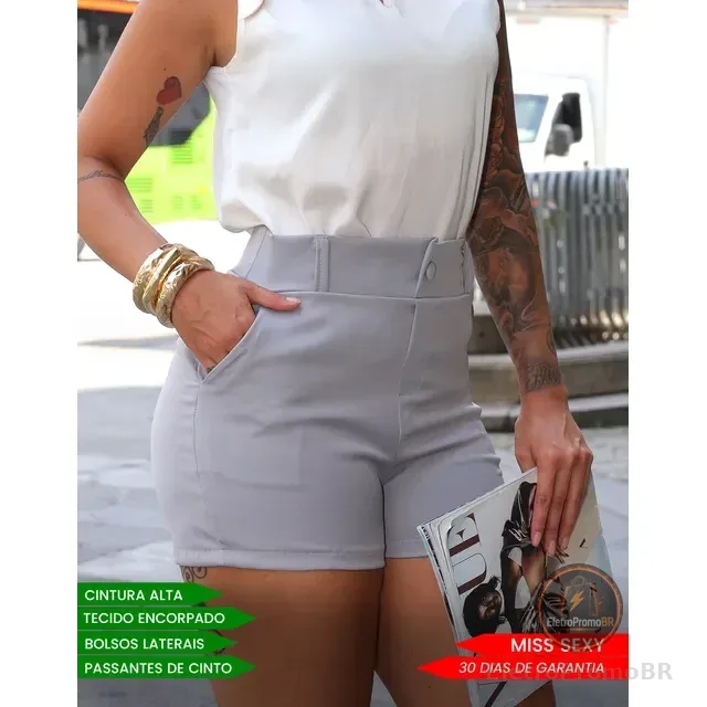 Shorts Alfaiataria Feminino Social Cintura Alta Bolsos Verão