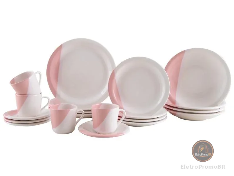 Aparelho de Jantar e Chá 20 Peças Cerâmica Brasilia Redondo Branco e Rosa Atual