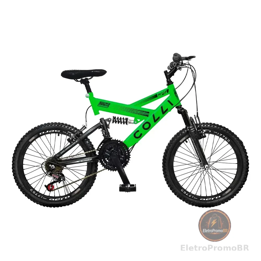 Bicicleta Infantil Gps Dupla Suspensão Full Aro 20 Velocidade 21 Cor Verde Neon Tamanho Do Quadro 14 Colli