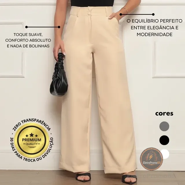 Calça Alfaiataria Feminina Wide Leg Social Cintura Alta