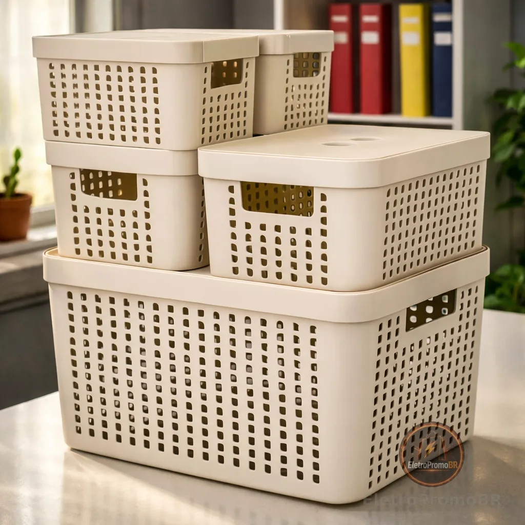 Kit 5 Caixas Organizadoras com Tampa Cesto Grande de Plástico 2 Litros 4,5 Litros 17 Litros