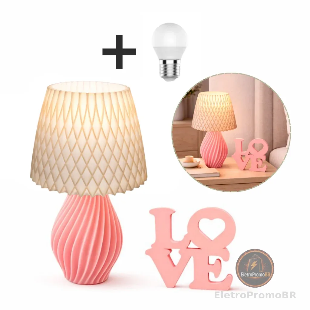 Luminária/Abajur Bivolt Decorativo para mesa e criado mudo + Palavra Love