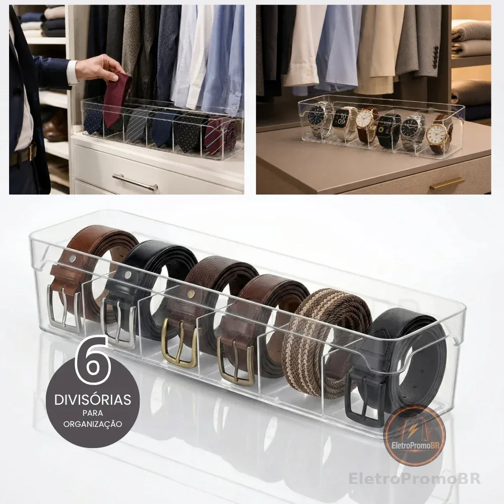 Organizador de Cintos Gravata Relógio 34x10x8 Com 6 Divisórias em Acrílico Para Gavetas e Armário