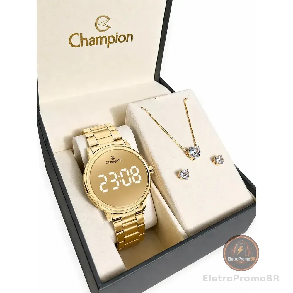 Kit Relógio Feminino Champion Digial Espelhado Dourado Ch40115g Pulseira Em Aço Inoxidável Prova D´agua 50 Metros + Colar E Brincos Arisca