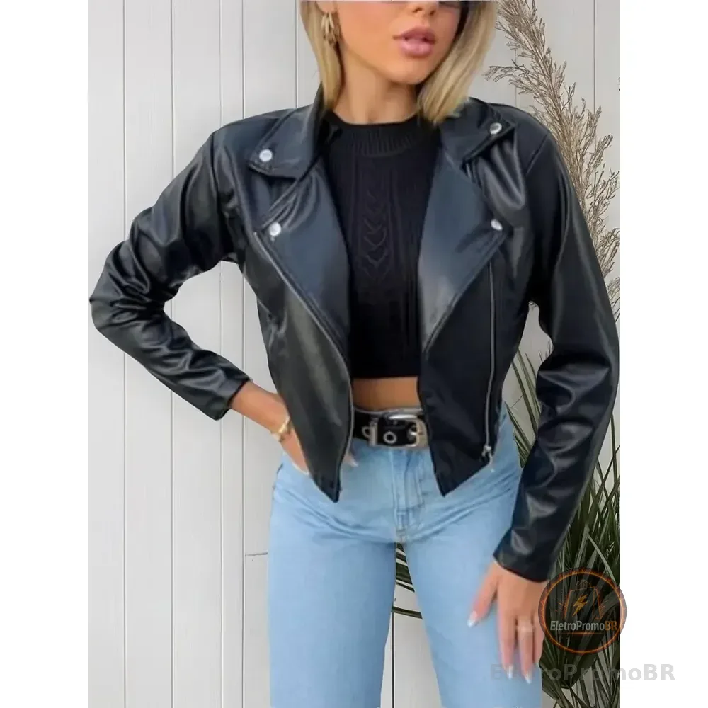 Jaqueta Feminina Courino Brilhoso Fechamento Zíper Estiloso Preto P Lisa