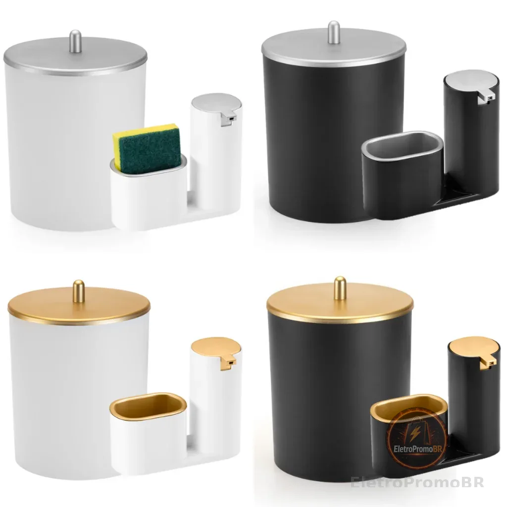 Kit Lixeira Cozinha 5L E Dispenser Porta Detergente Luxo