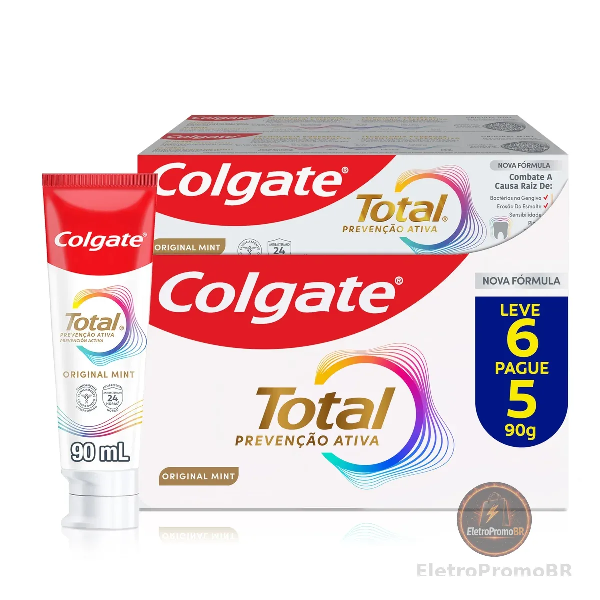 Creme Dental Colgate Total Original Mint, Prevenção Ativa, 24 horas de ação contra bactérias, Anticárie com Flúor, Combate o Mau Hálito, 6x90g