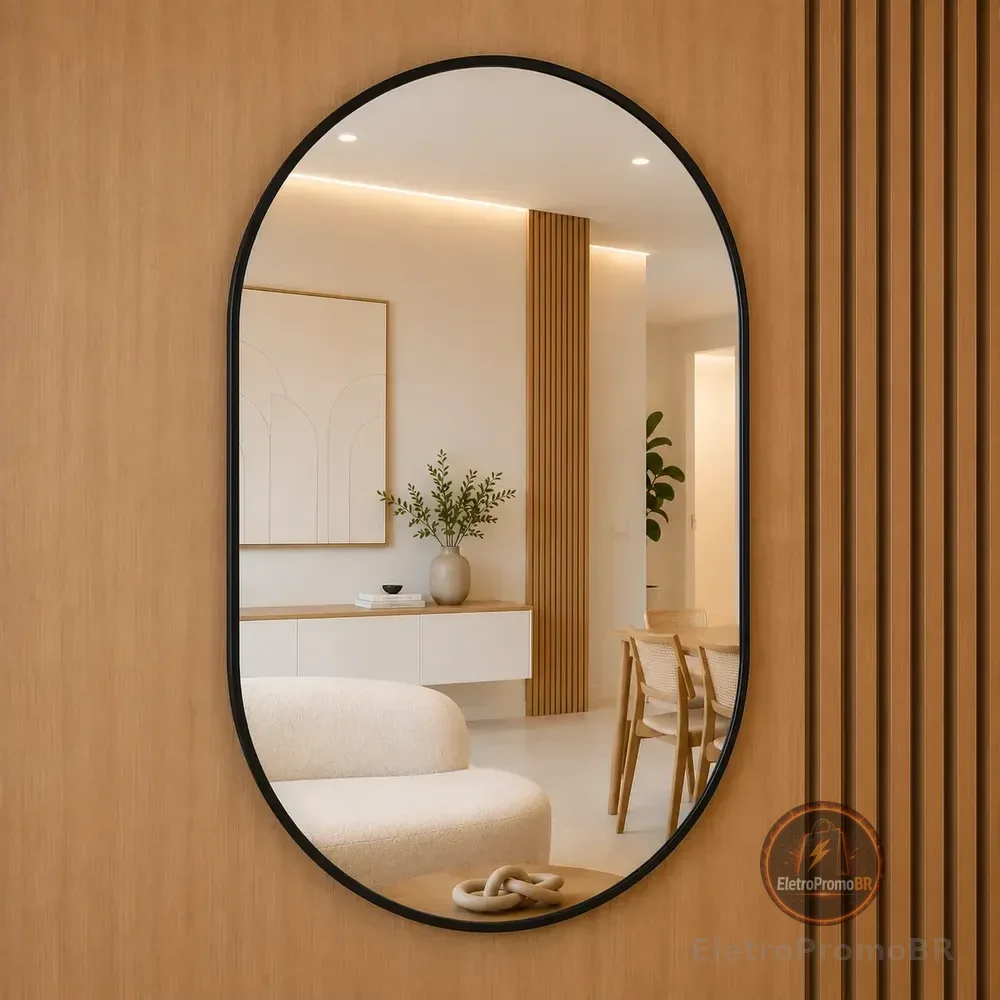 Espelho Orgânico Oval Pinterest Couro Ecológico Parede Preto
