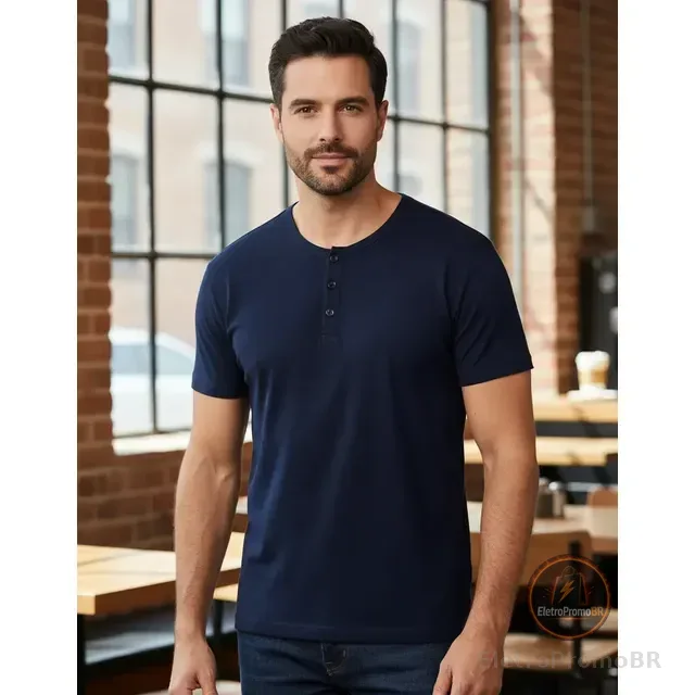 Camiseta Henley Masculina Anistia Fit Algodão Premium
