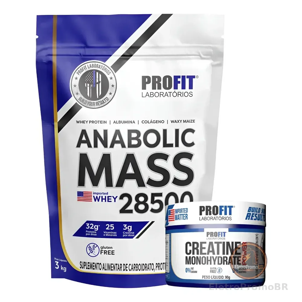 Kit Anabolic Mass 28500 C/ Whey Creatina Monohydrate Profit Chocolate 3kg | Creatina 90g