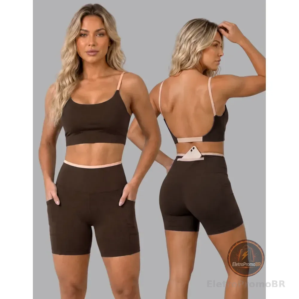 Conjunto Academia Fitness Top E Short Kit Zero Transparência Marrom/areia Lisa G 40/42