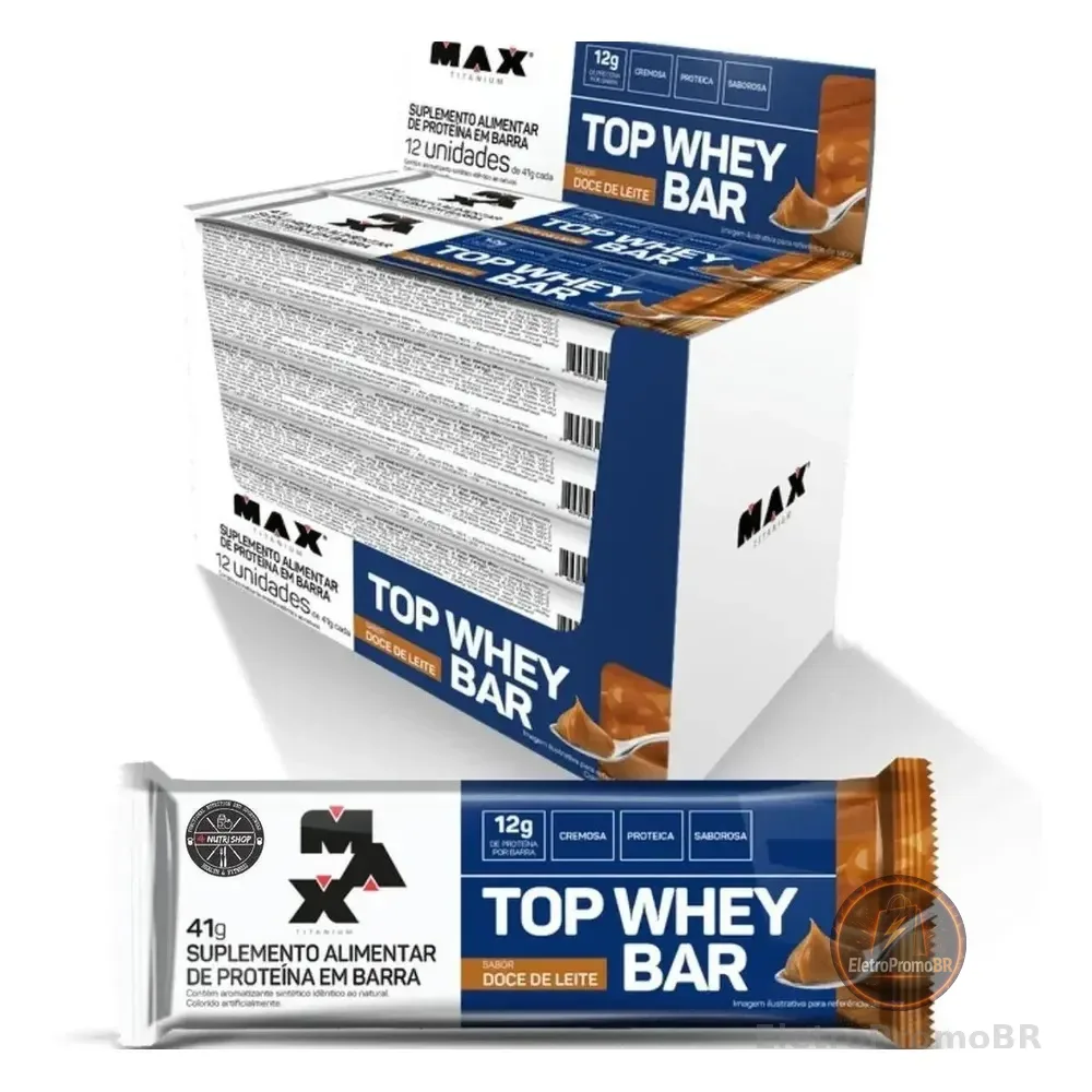 Barra De Proteína 12 Unidades Top Whey Bar Max Titanium Amendoim Alto Proteico Sabor Doce De Leite