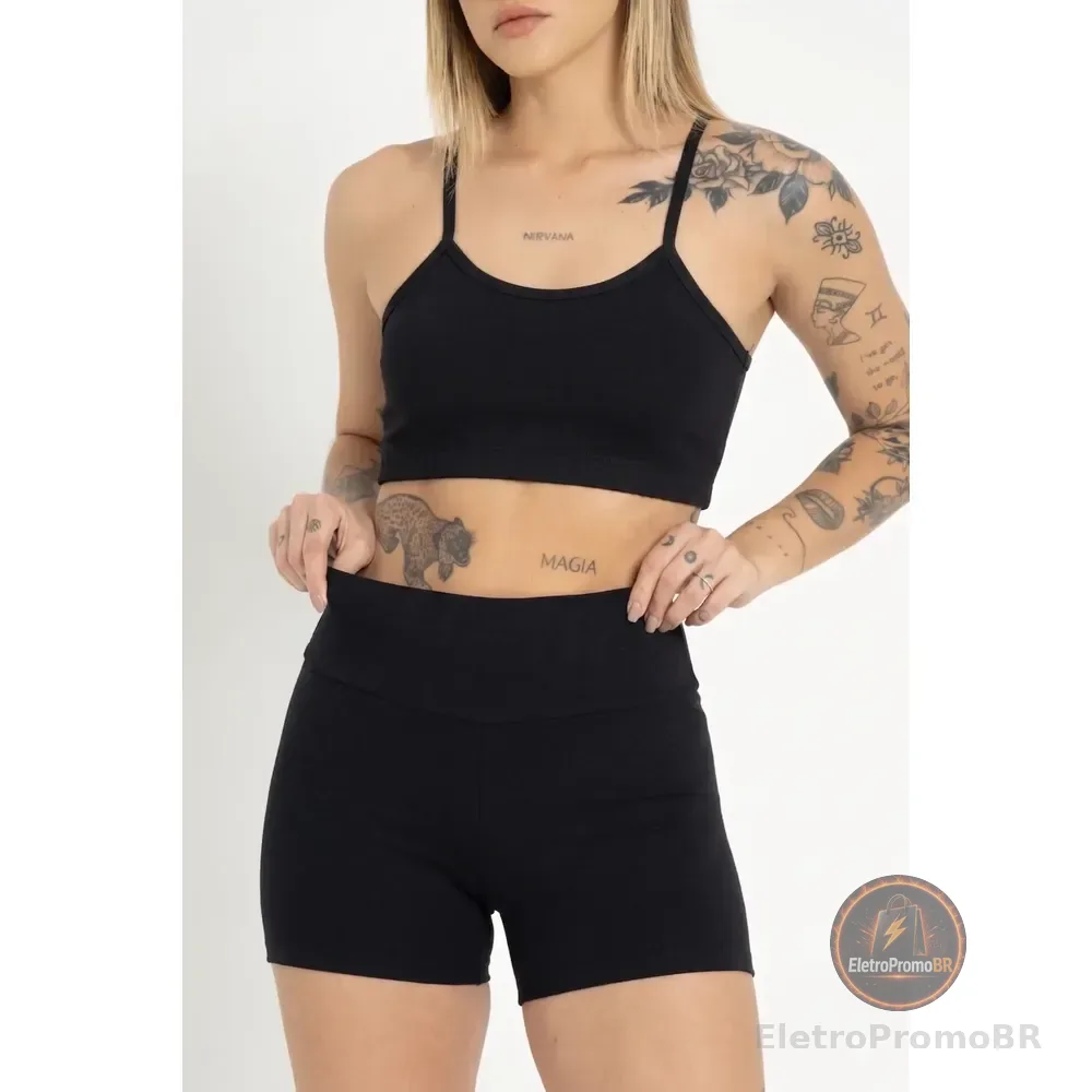 Conjunto Feminino Fitness Top Shorts Meia Coxa Cintura Alta Preto Liso P