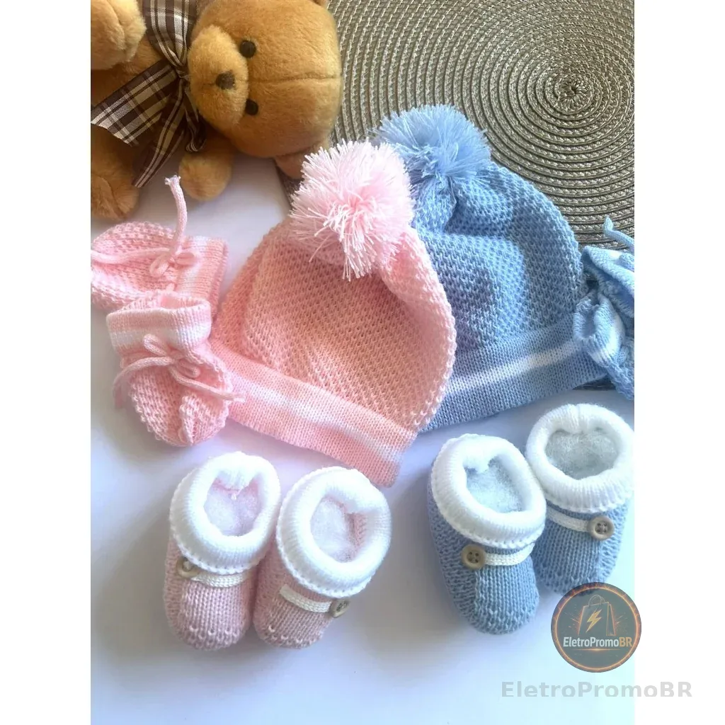 KIT Touca luva e sapatinho para Bebê recém nascido maternidade 0 a 3 meses em tricô de Linha