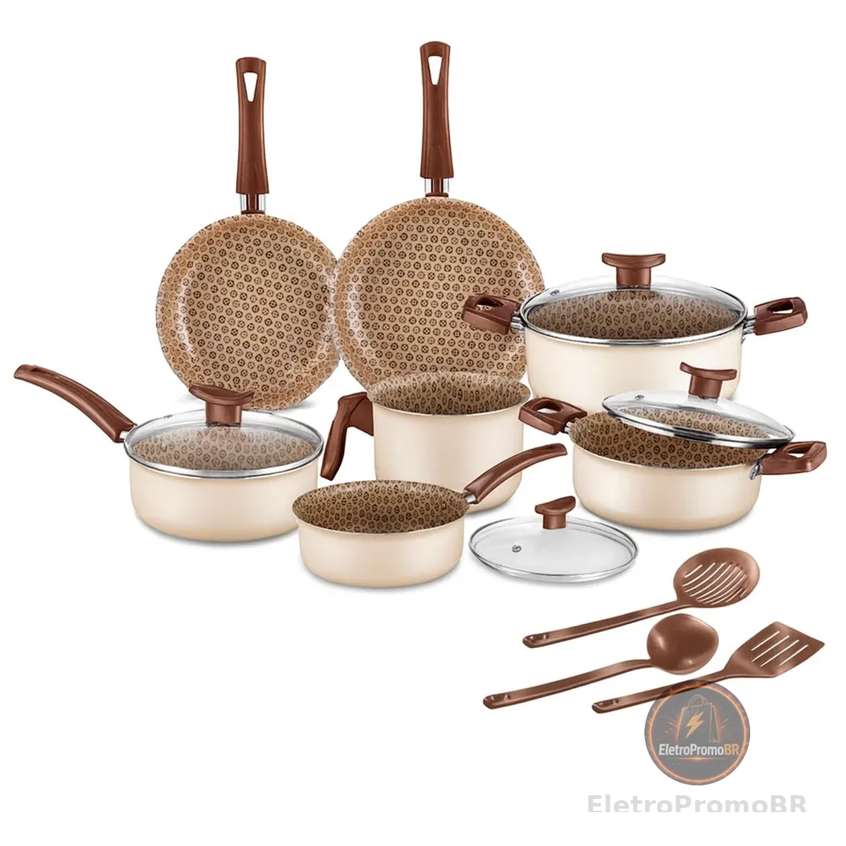House Organizer Jogo de Panelas Antiaderente com Tampas de Vidro e Utensílios – 10 Peças (Ivory)