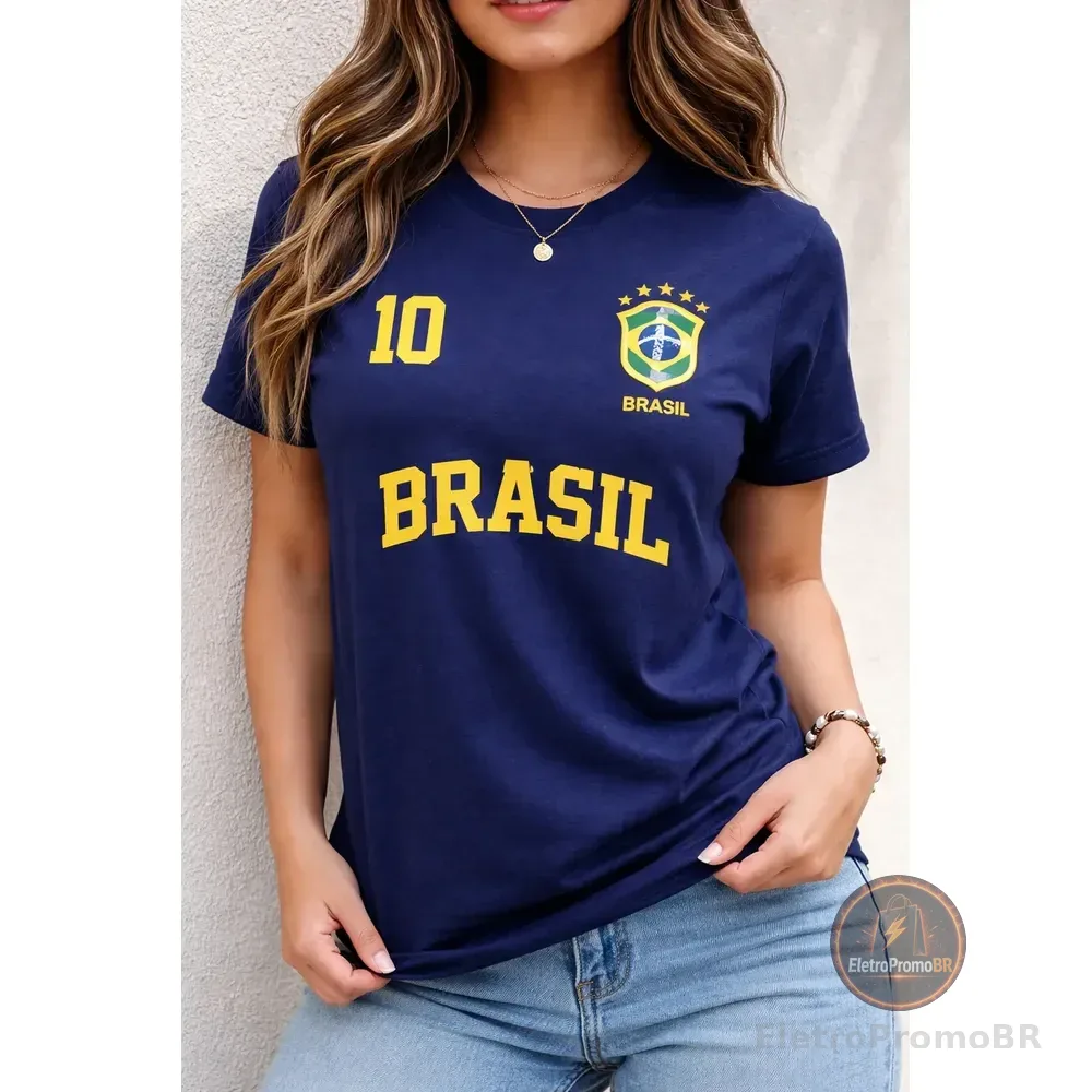 Camiseta Brasil Feminina 100% Algodão Estilosa Copa 2026 Azul-marinho Brasil 10 G