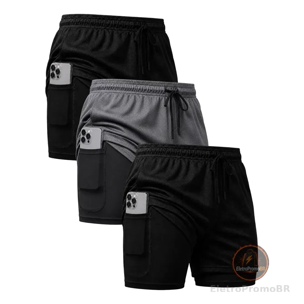 Kit 3 Shorts 2 Em 1 Duplo Dryfit Masculino Compressão Térmic Preto/cinza Lisa P