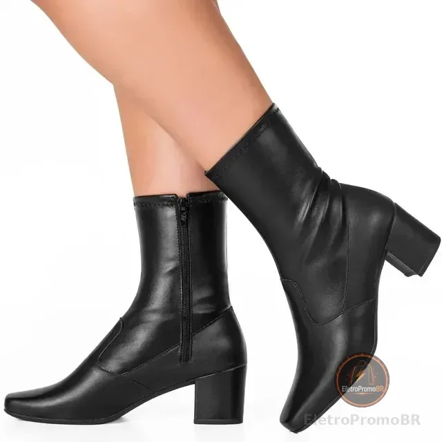 Bota Branca Feminina Stretch Bico Quadrado Salto Grosso