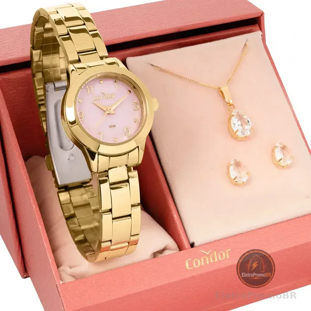 Relógio Feminino Condor Dourado Fundo Rosa Com Conjunto Semi-joia Co2036mxe/k4t