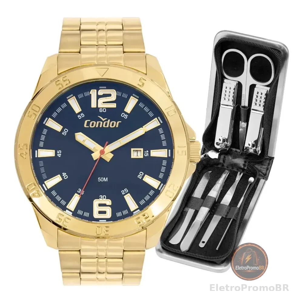 Kit Relógio Condor Masculino Dourado Co2115ncg/k4a Dourado Azul