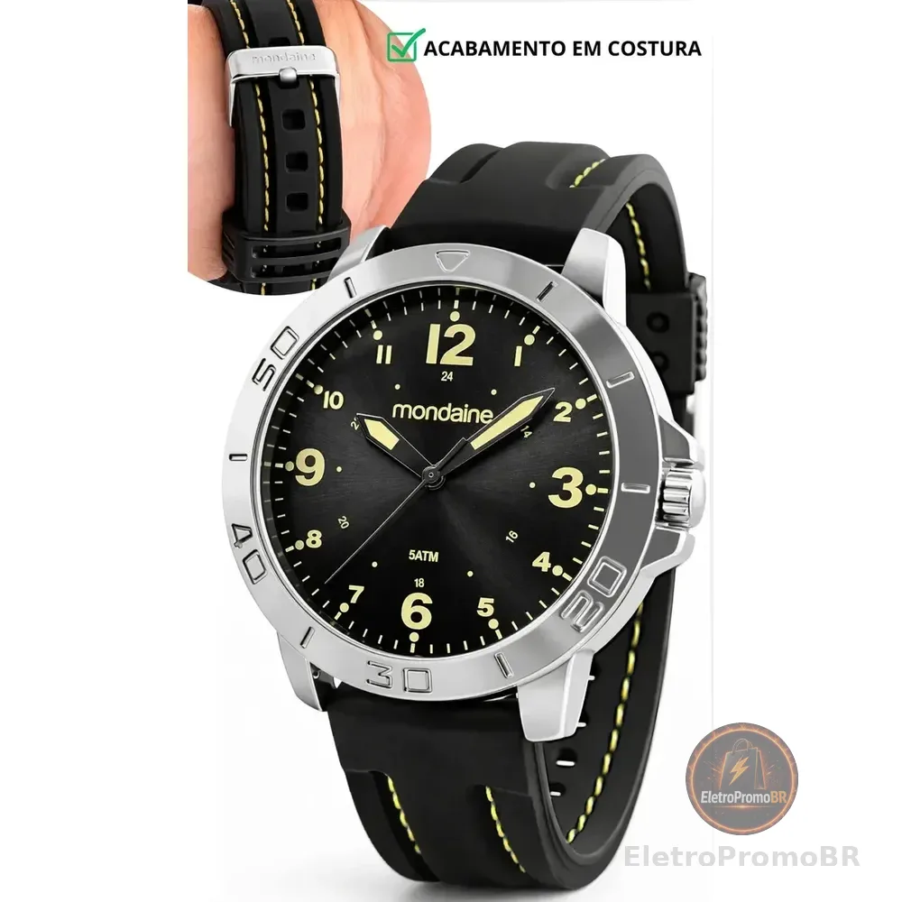 Relógio De Pulso Mondaine Com Corria De Silicone Cor Preto - Bisel Prateado