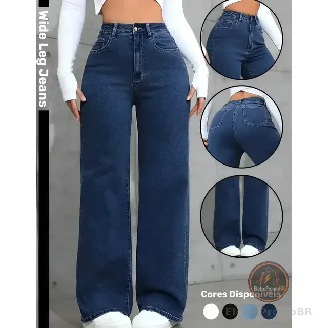 Calça Wide Leg Jeans Feminina Reta Perna Larga Empina Bumbum