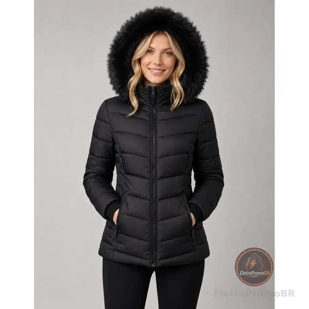 Jaqueta Puffer Feminina Forrada Pelucia Bobojaco Impermeável Preto Gg