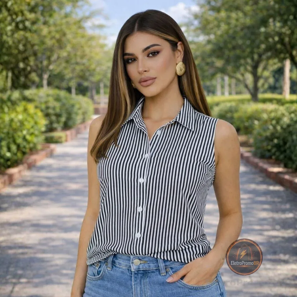 Blusa Regata Feminina Alça Larga Listrada e Lisa Elegante Social
