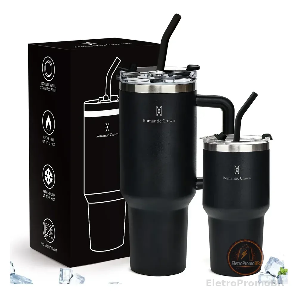 Kit Copo Térmica Inox 1200ml & 600ml Com Tampa E Inox Canudo Preto Cor Pura