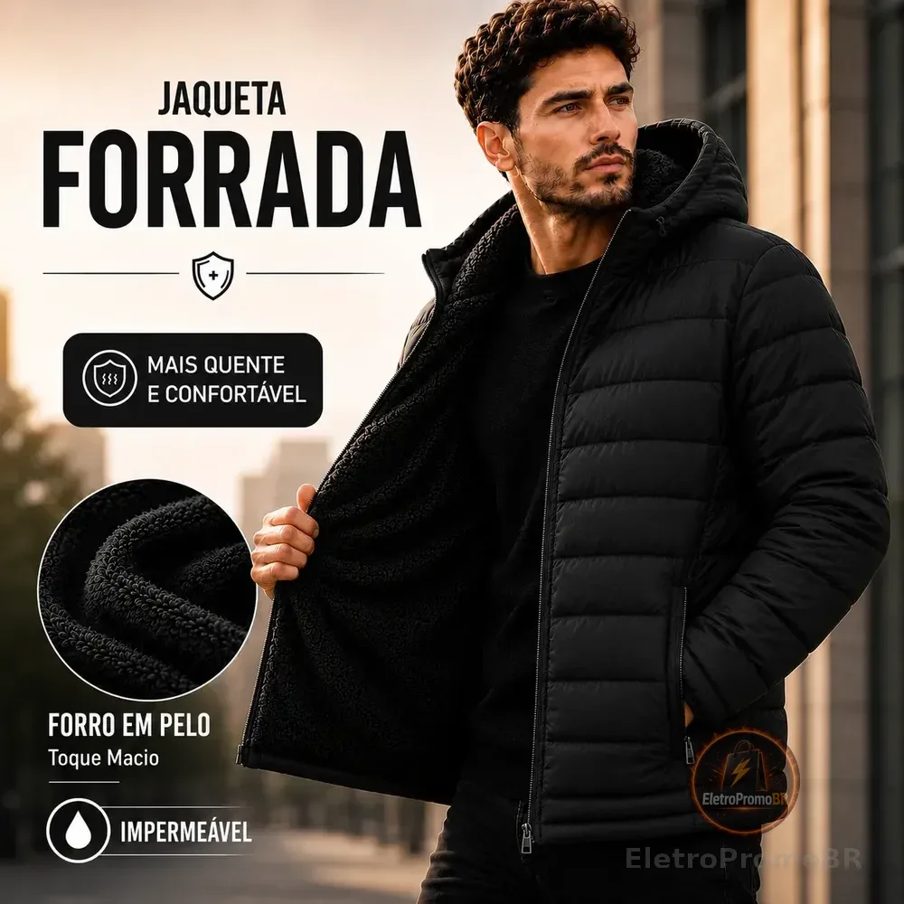 Jaqueta Bobojaco Forrada Peluciada Casaco Impermeavél Capuz Preto M