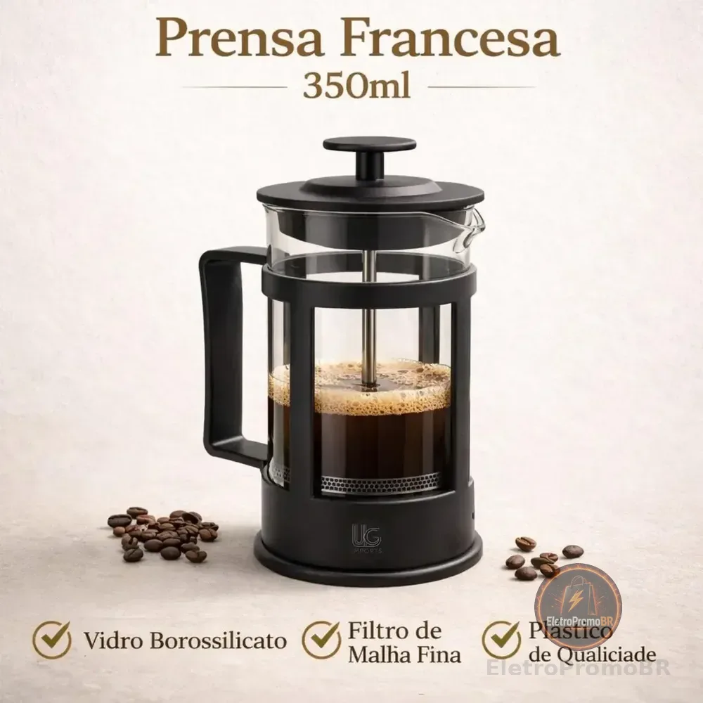 Prensa Francesa Vidro Preto 350ml Para Café E Chá Saboroso