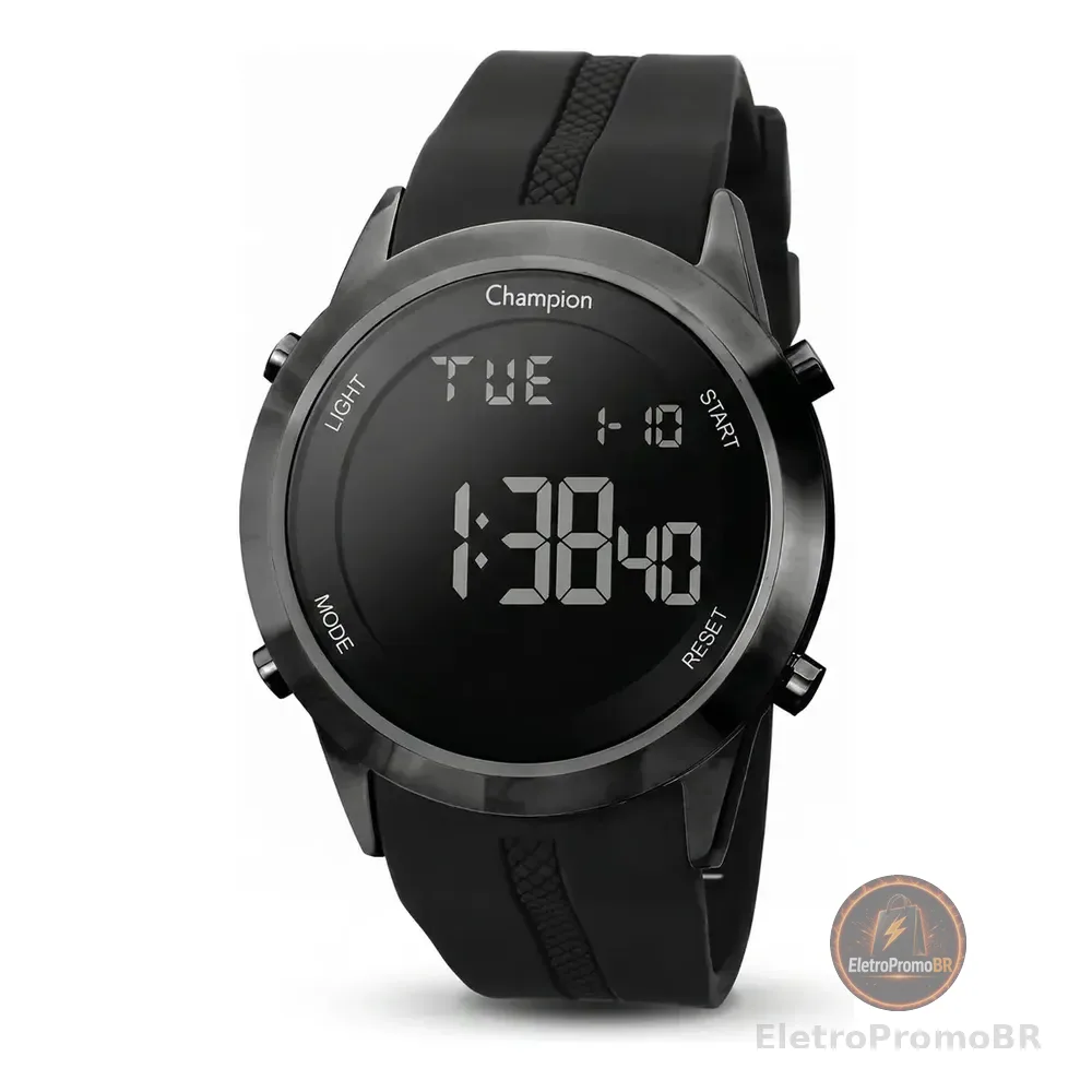 Relógio Masculino Esportivo Champion Digital 45 Milímetros Com Pulseira De Silicone Preta Macia Prova D´agua 50 Metros Preto