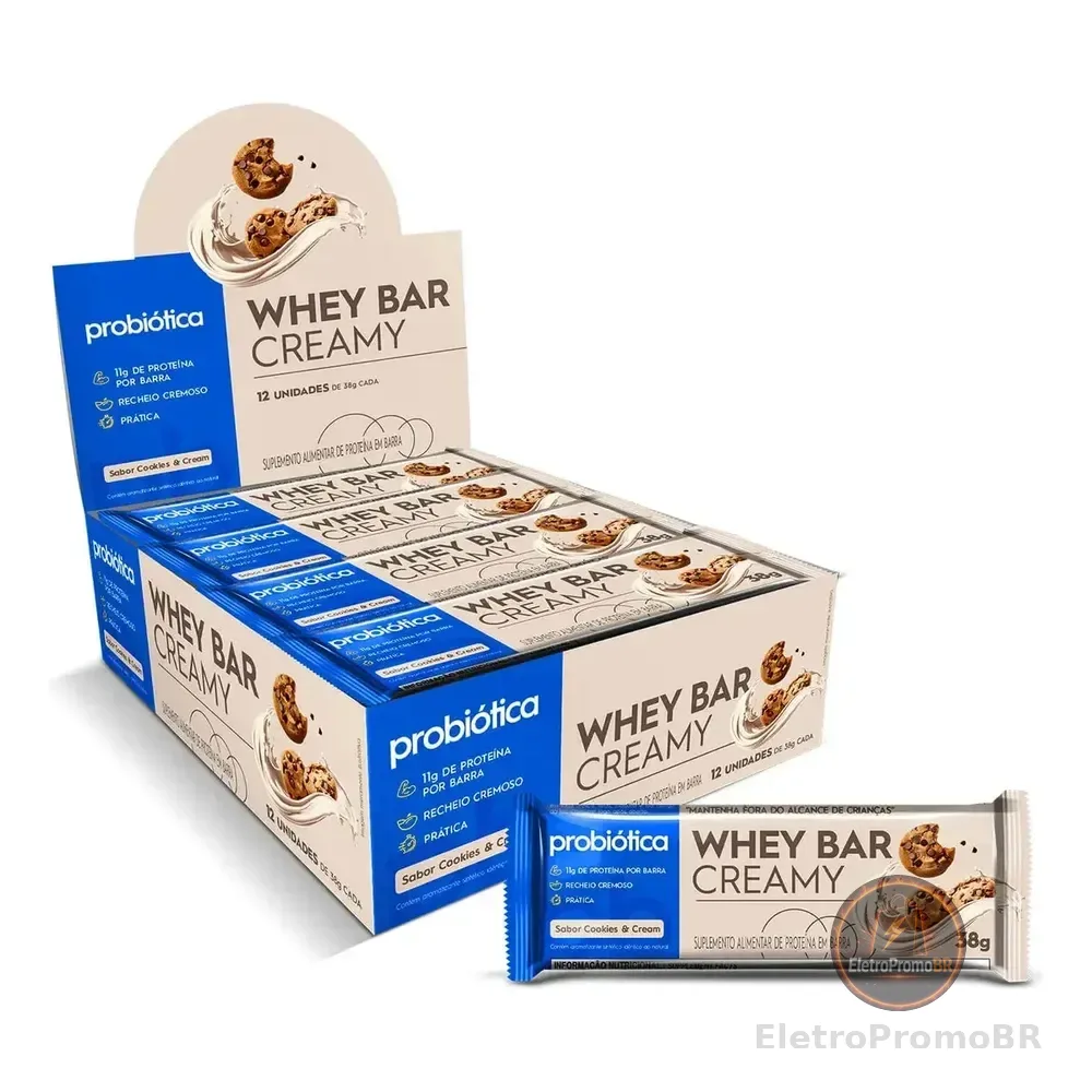 Barra De Proteína 12 Unidades Whey Bar Creamy Probiótica Sabor Cookies And Cream Alto Proteico
