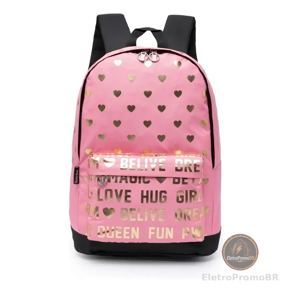 Bolsa Love Feminina Mochila Escolar Spector Reforçada Rosa Corações Estampa Love