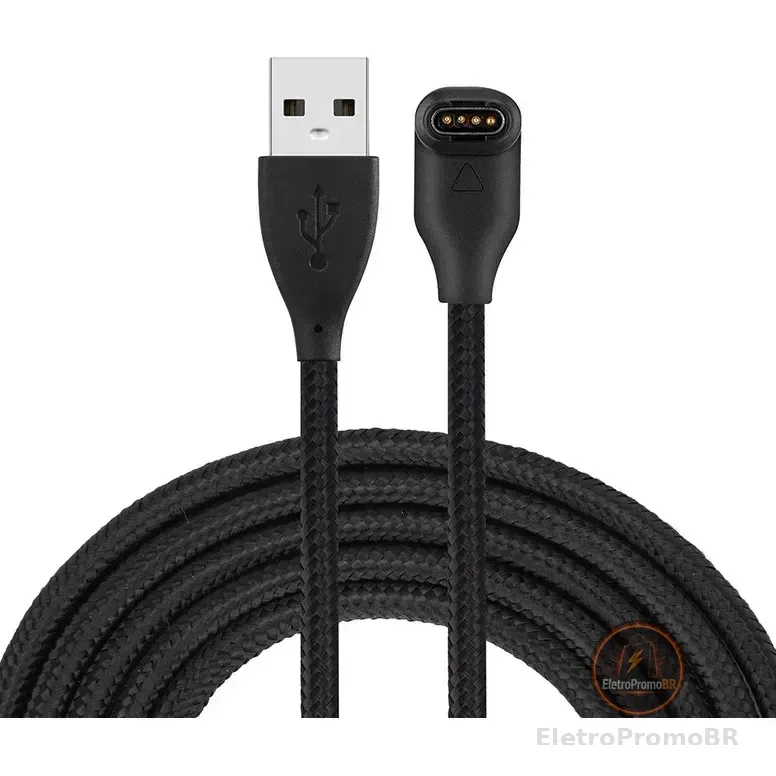 Cabo Usb Carregador Com Nylon Trançado Para Garmin Todos Das Linhas Forerunner / Fenix / Venu / Approach / Epix /... Preto