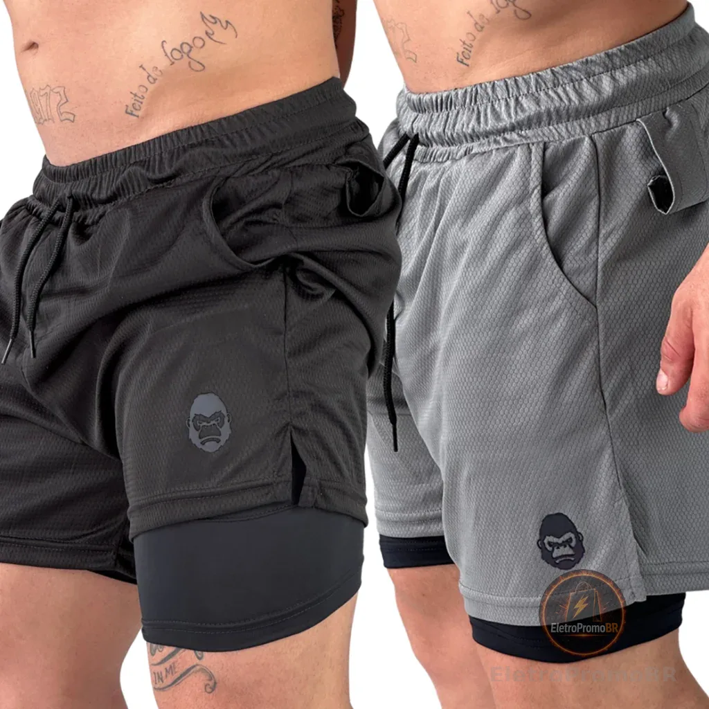 Kit 2 Shorts Kong Bermuda 2 em 1 Para Academia