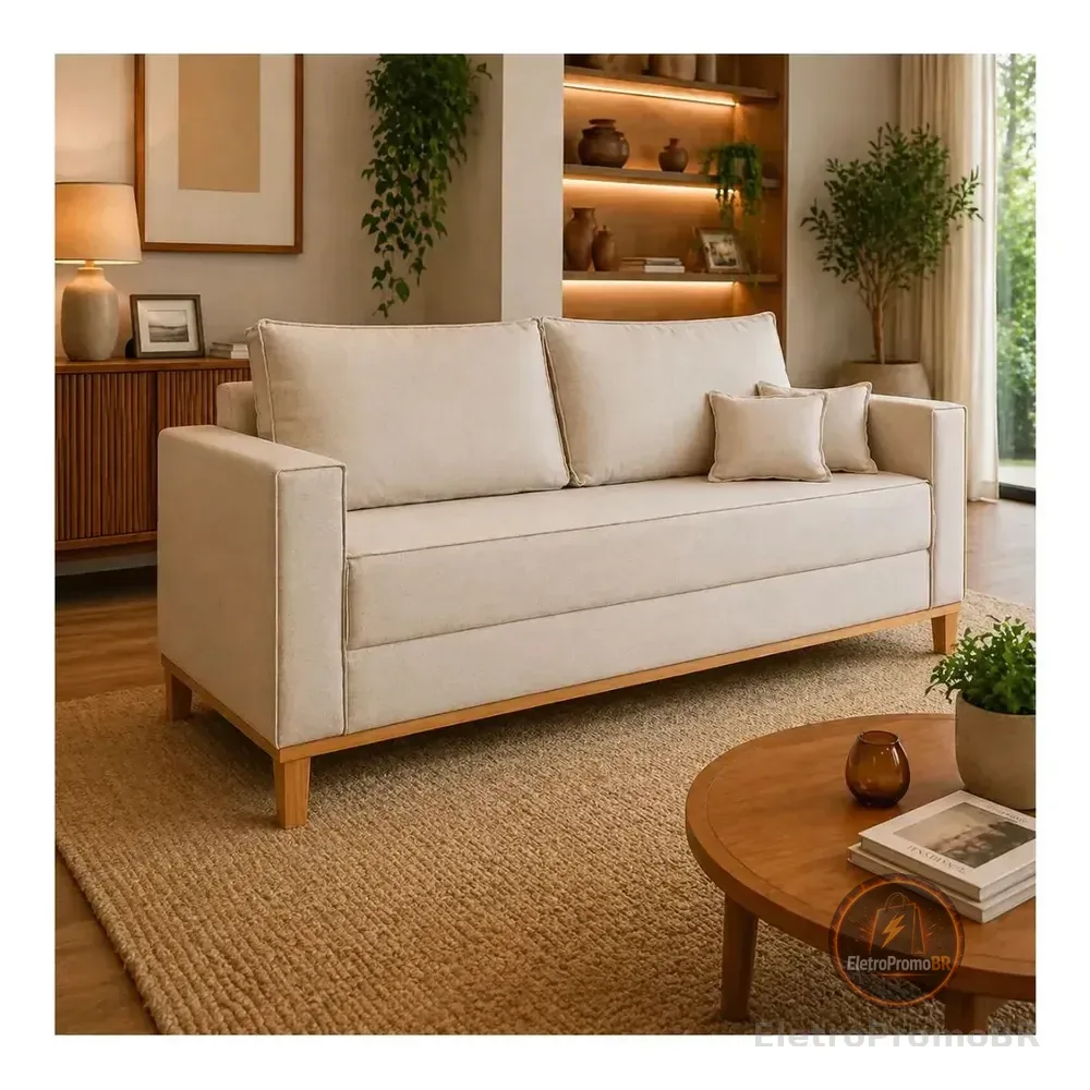 Sofá 3 Lugares Beny 180cm Retratil Moderno Sala Estar Luxo Puff Poltrona Pufe Bege
