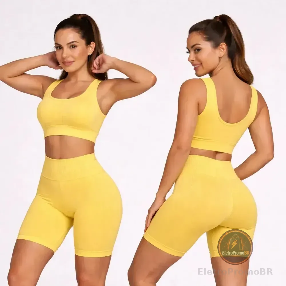 Conjunto Top + Short Selene Canelado Zero Transparência  Amarelo Gg