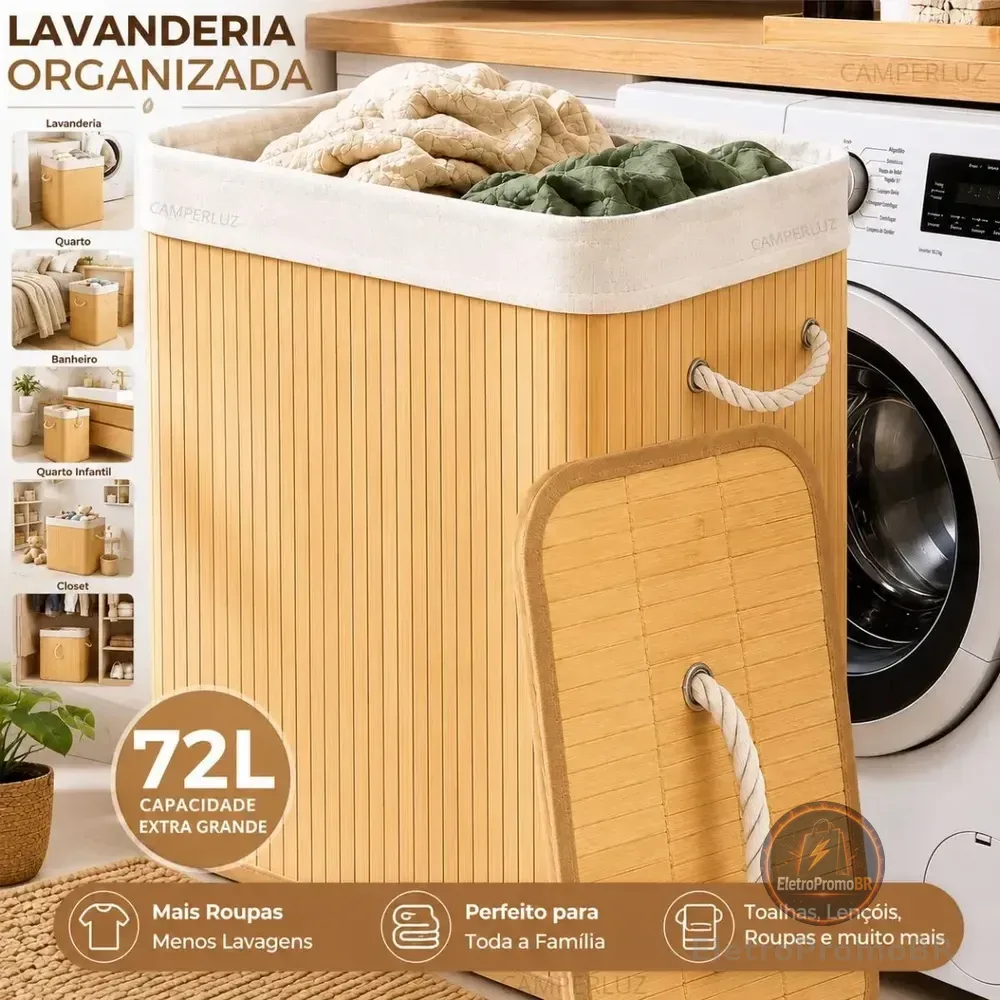 Cesto Organizador De Roupa Bambu Dobrável Retangular Com Tampa Forro E Alças 72 Litros Grande Capacidade Reforçado Caixa Organizadora Para Brinquedos - Marca Camperluz Madeira
