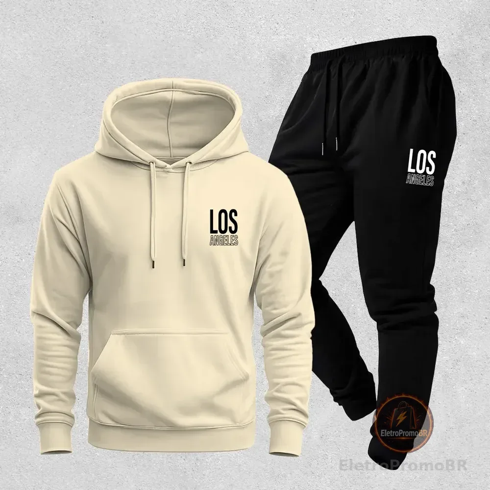 Conjunto Moletom Los Angeles Unissex Calça Jogger Canguru M Bege