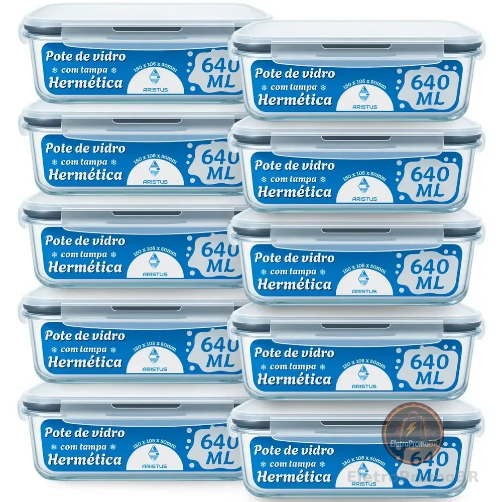 Kit 10 Potes Vidro Hermético Aristus 640ml Marmita Anti Vazamento Forno Micro-ondas Freezer Tampa 4 Travas - Cinza