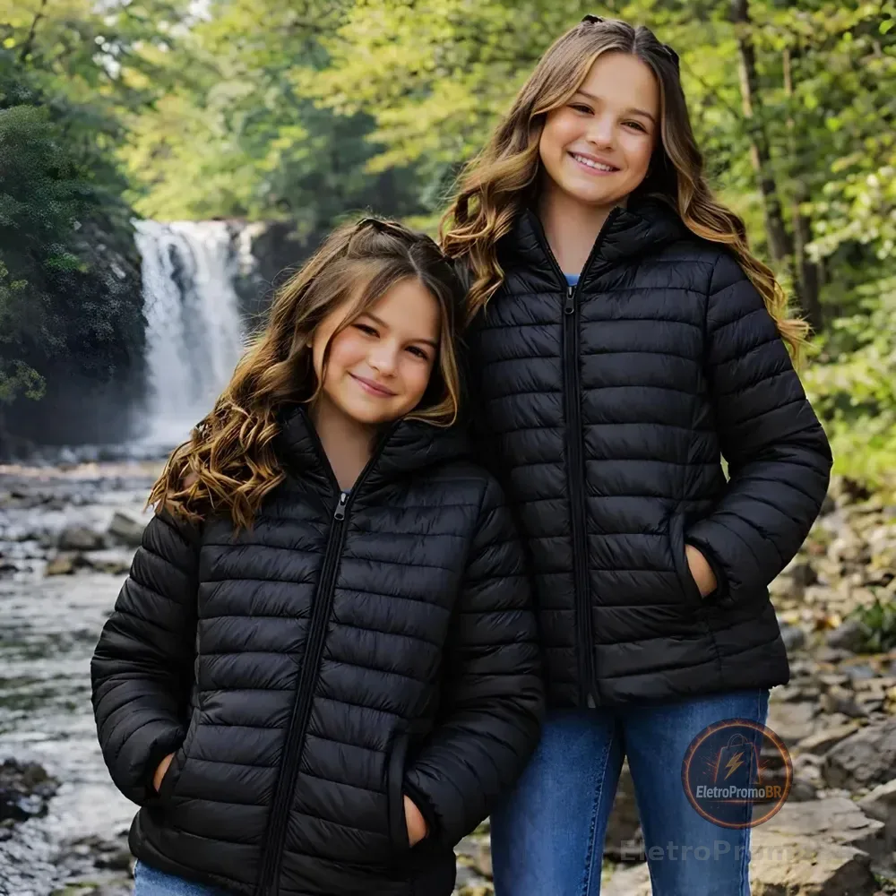 Jaqueta Infantil Puffer Menina Forrada Pelúcia Capuz Bolsos Preto 12 Lisa
